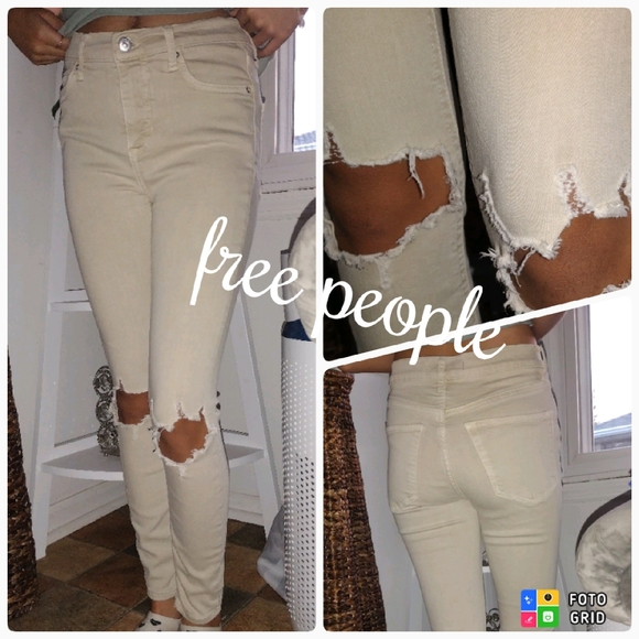 Free People Denim - Free people khaki tan light stretchy jeans distressed holes w 25r